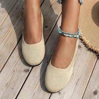 Round Toe Knit Ballet Flats - Trendsi - Flyclothing LLC