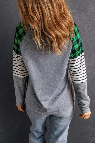 Striped Plaid Round Neck Long Sleeve T-Shirt - Trendsi - Flyclothing LLC