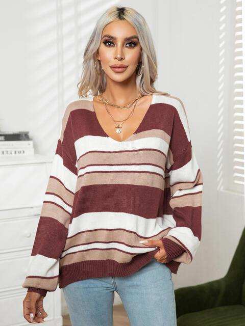 Striped V-Neck Long Sleeve Knit Top - Trendsi - Flyclothing LLC