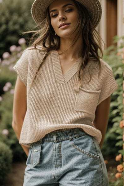 Pocketed V-Neck Cap Sleeve Sweater Vest - Trendsi - Flyclothing LLC