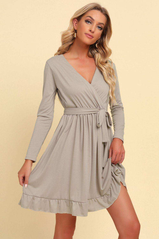 Long Sleeve Tie Waist Ruffle Hem Dress - Trendsi - Flyclothing LLC