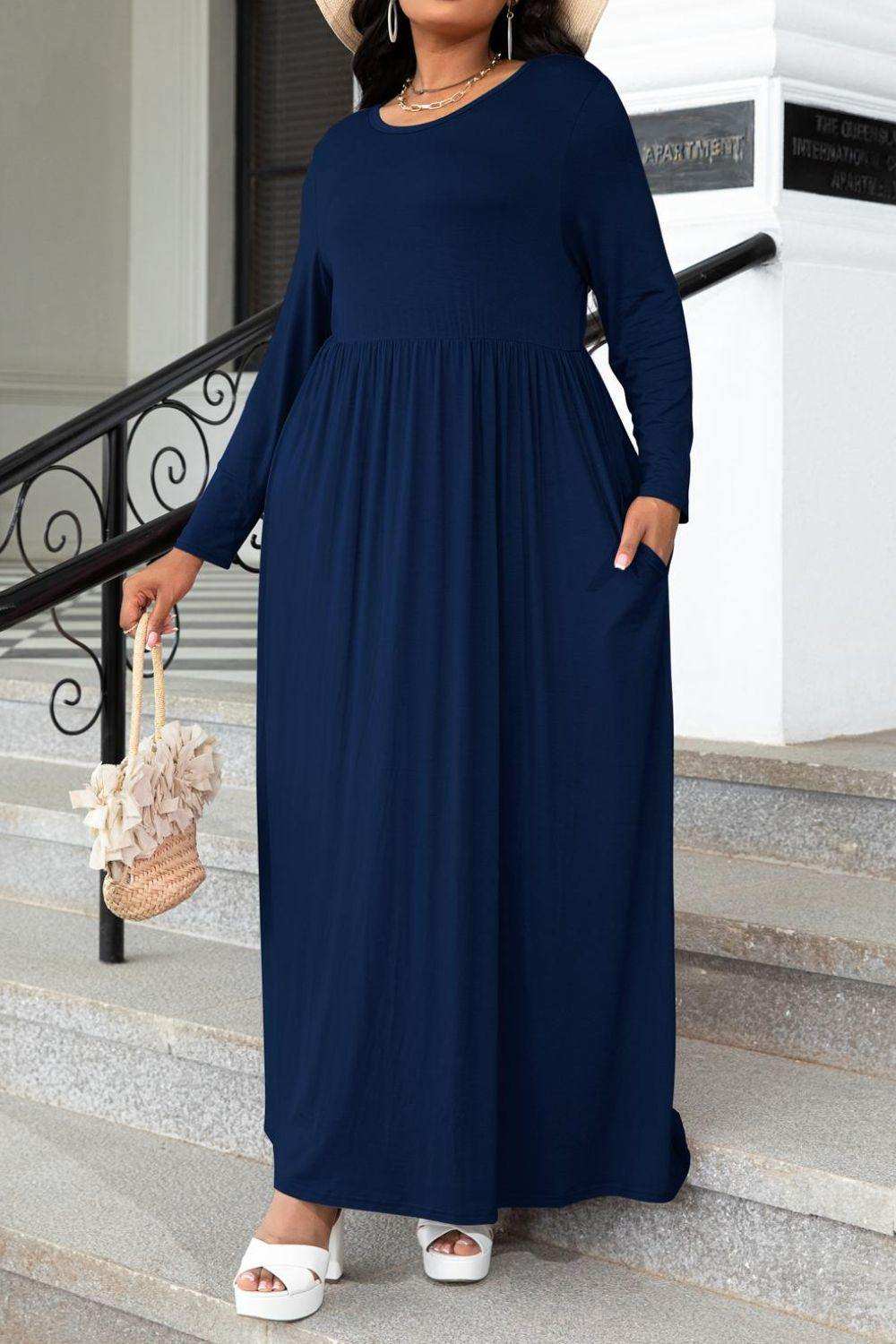 Plus Size Round Neck Long Sleeve Maxi Dress with Pockets - Trendsi - Flyclothing LLC
