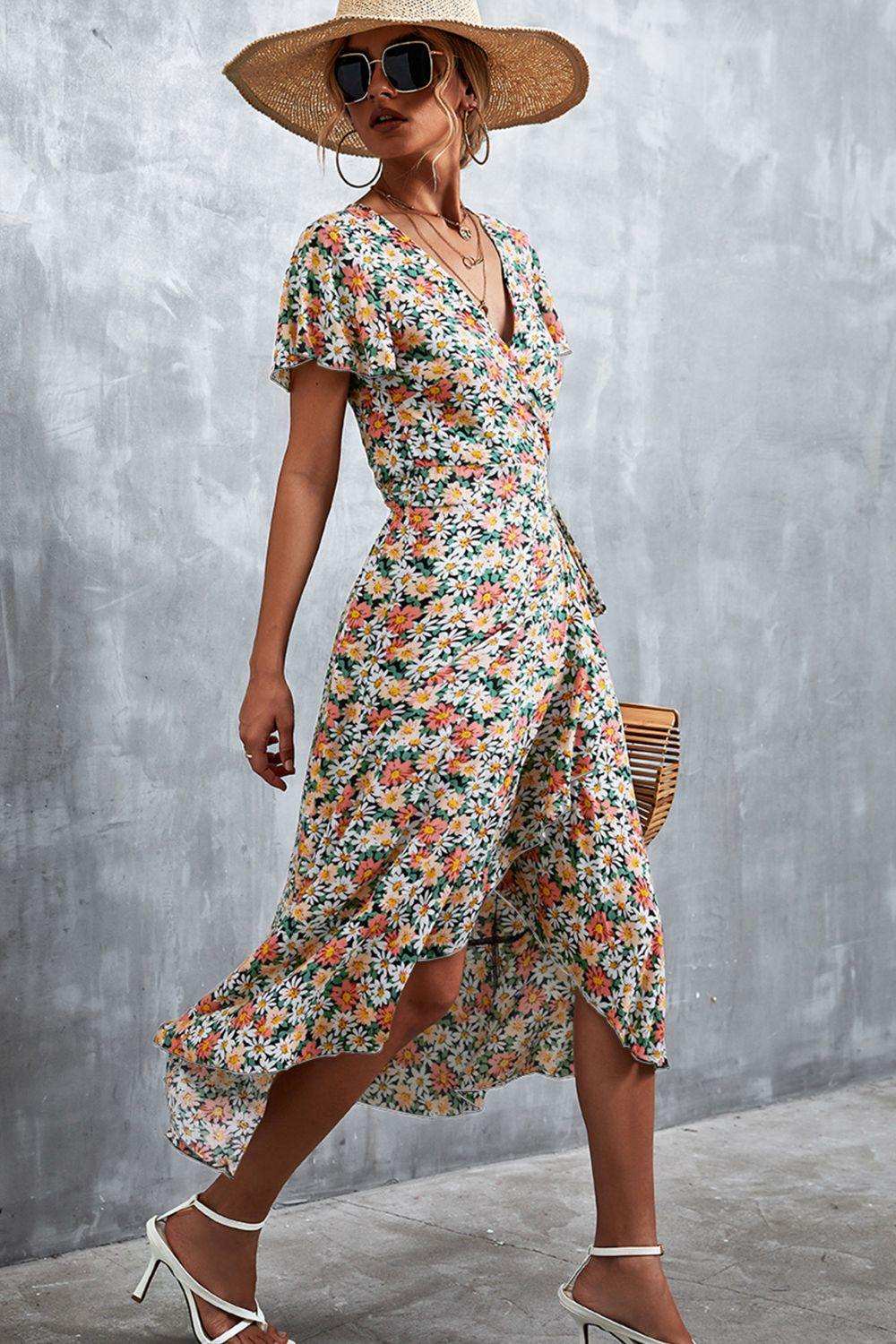 Floral Surplice Neck Tied Midi Dress - Trendsi - Flyclothing LLC