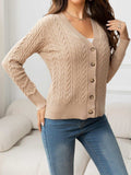 V-Neck Long Sleeve Cable-Knit Buttoned Knit Top - Trendsi - Flyclothing LLC