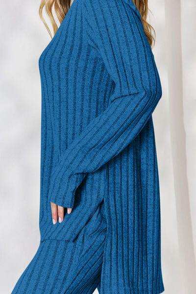 Basic Bae Full Size Ribbed High-Low Top and Wide Leg Pants Set - Trendsi - Flyclothing LLC