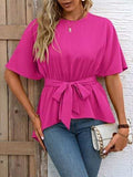 Tied Round Neck Half Sleeve Blouse - Trendsi - Flyclothing LLC