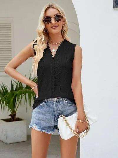 Eyelet Lace Detail V-Neck Tank - Trendsi - Flyclothing LLC