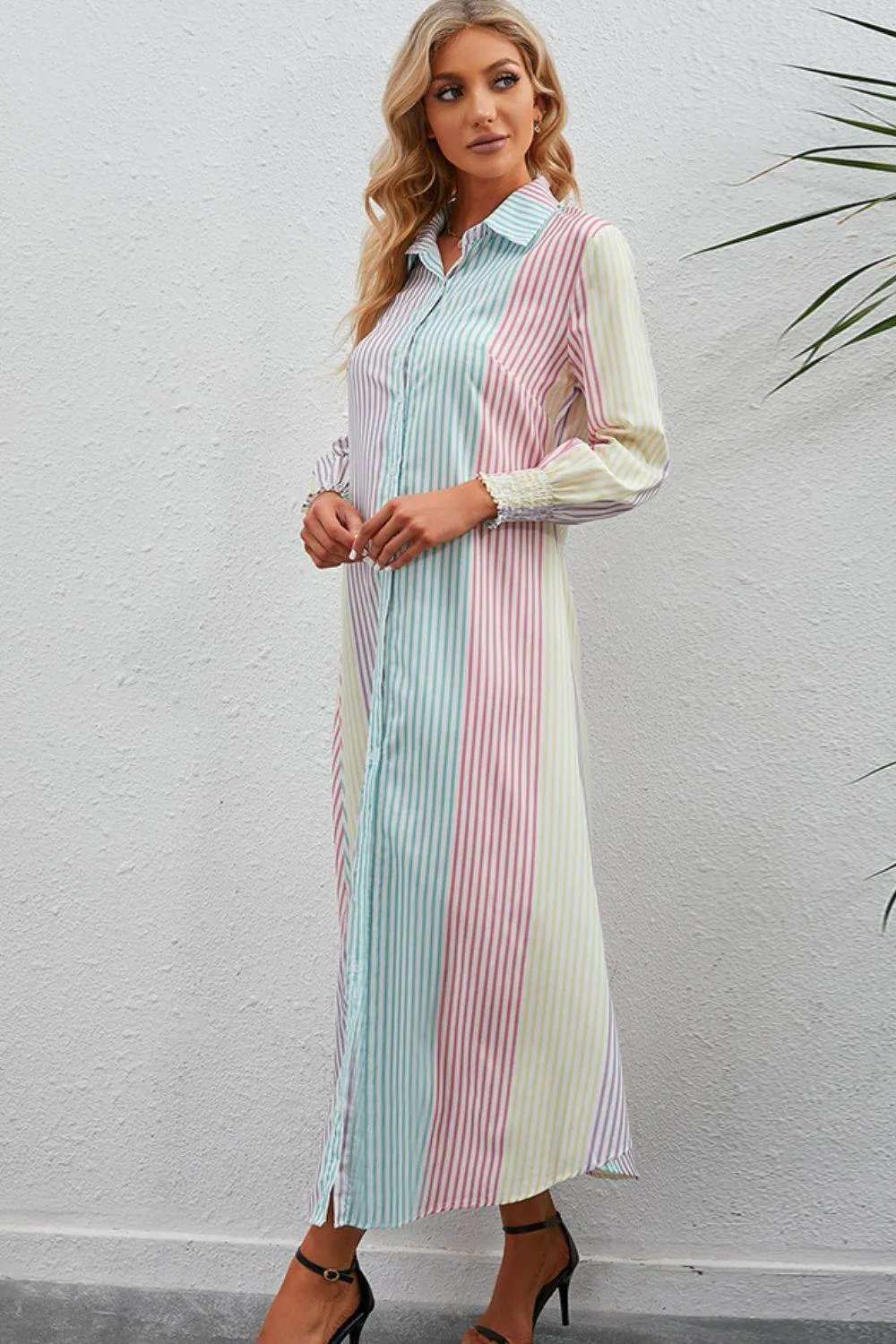 Rainbow Stripe Button-Up Maxi Shirt Dress - Trendsi - Flyclothing LLC