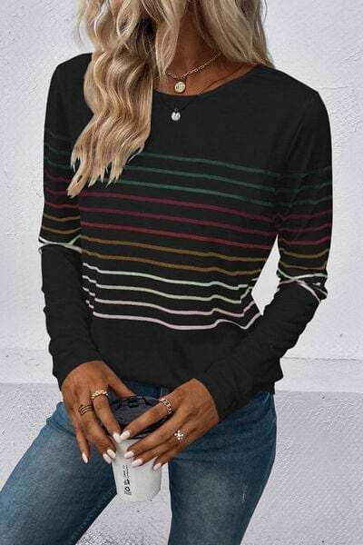 Striped Round Neck Long Sleeve T-Shirt - Trendsi - Flyclothing LLC