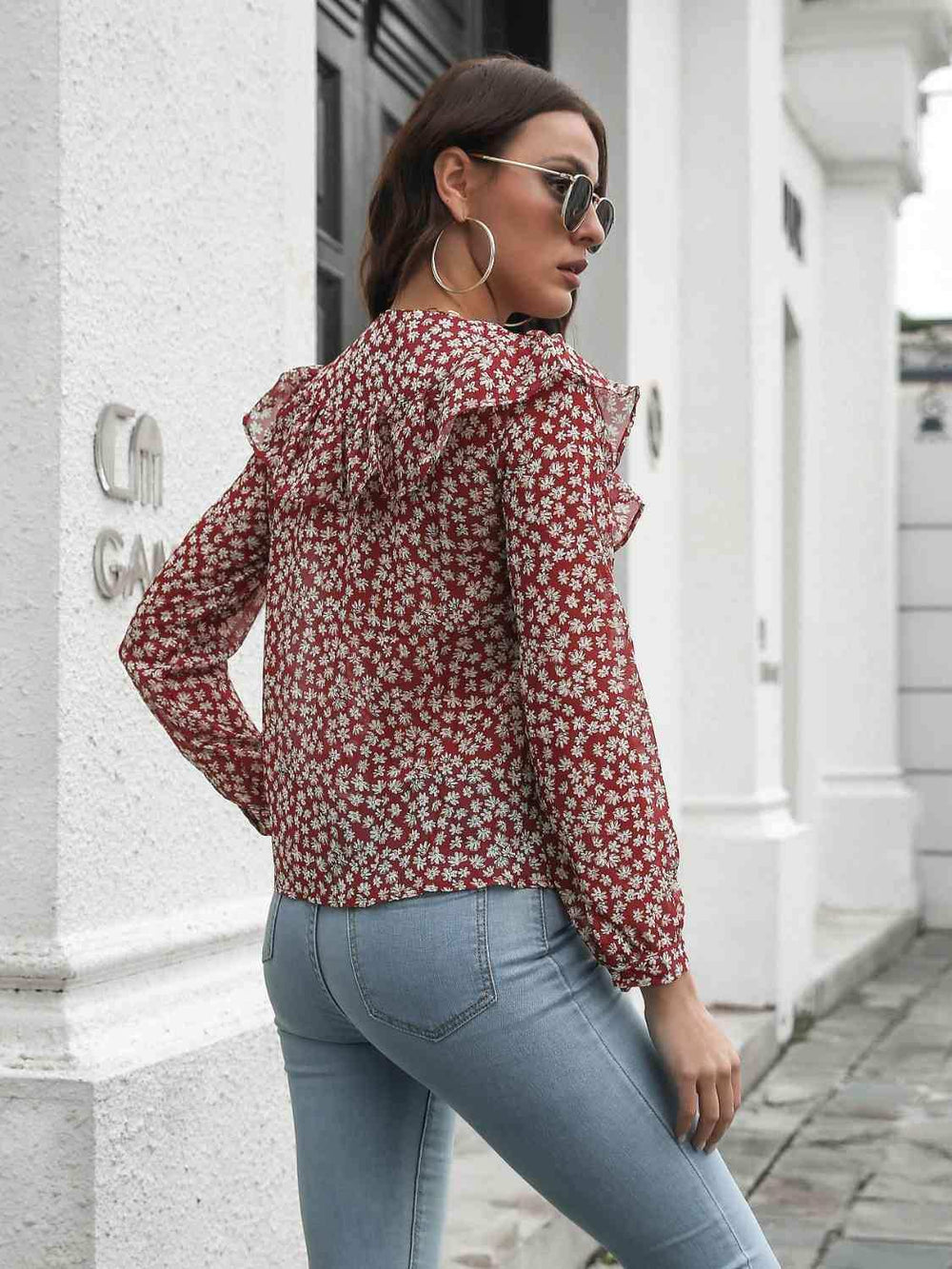 Printed Statement Collar Long Sleeve Blouse - Trendsi - Flyclothing LLC