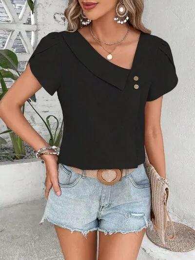 Decorative Button Asymmetrical Neck Blouse - Trendsi - Flyclothing LLC