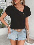 Decorative Button Asymmetrical Neck Blouse - Trendsi - Flyclothing LLC
