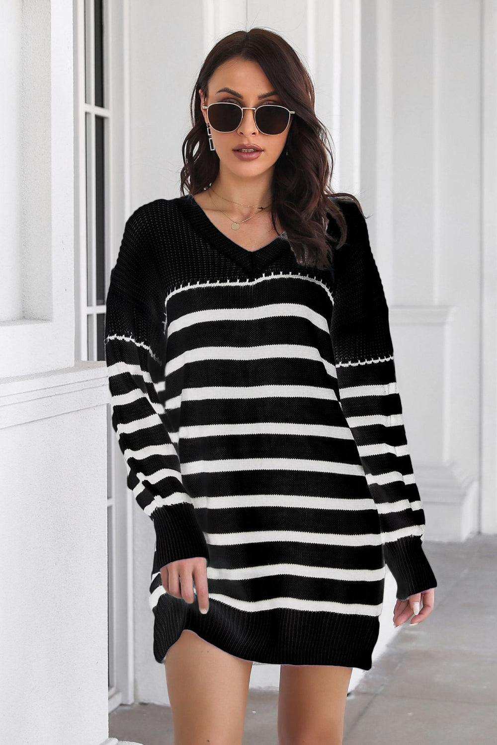 Striped V-Neck Drop Shulder Sweater Dress - Trendsi - Flyclothing LLC