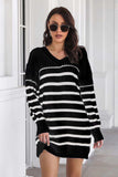 Striped V-Neck Drop Shulder Sweater Dress - Trendsi - Flyclothing LLC