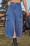 Slit Front Midi Denim Skirt with Pockets - Trendsi - Flyclothing LLC