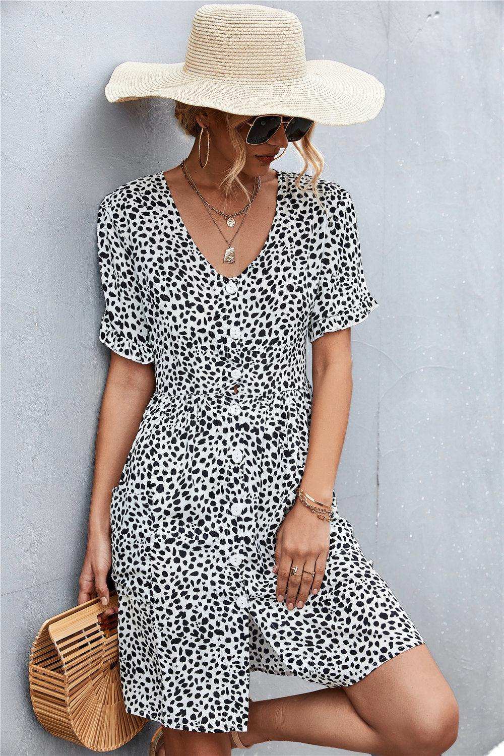Printed Button down Pocketed Dress - Trendsi - Flyclothing LLC