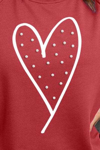 Heart Pearl Detail Round Neck Sweatshirt - Trendsi - Flyclothing LLC