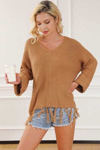 Fringe V-Neck Long Sleeve Sweater - Trendsi - Flyclothing LLC