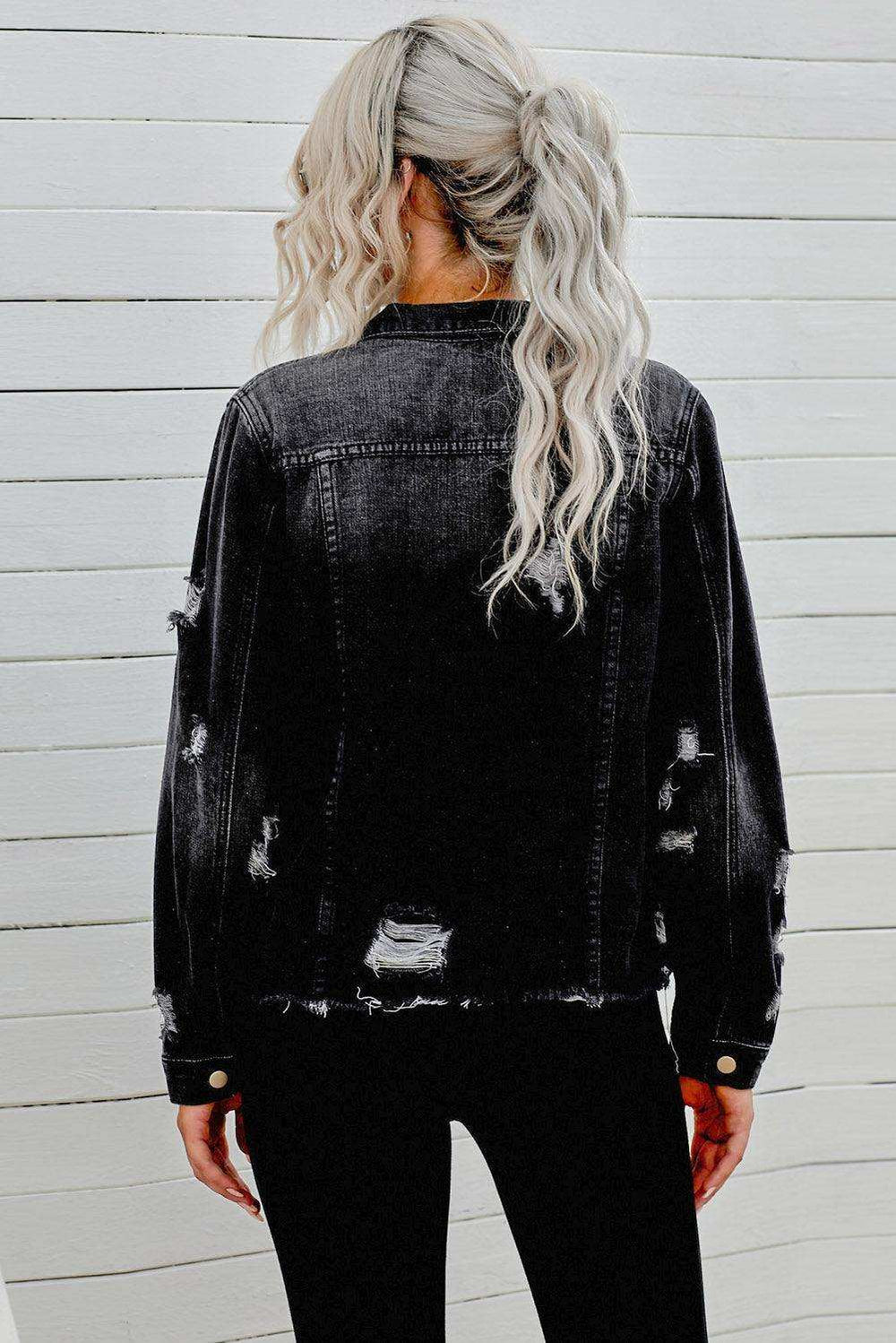 Distressed Raw Hem Denim Jacket - Trendsi - Flyclothing LLC