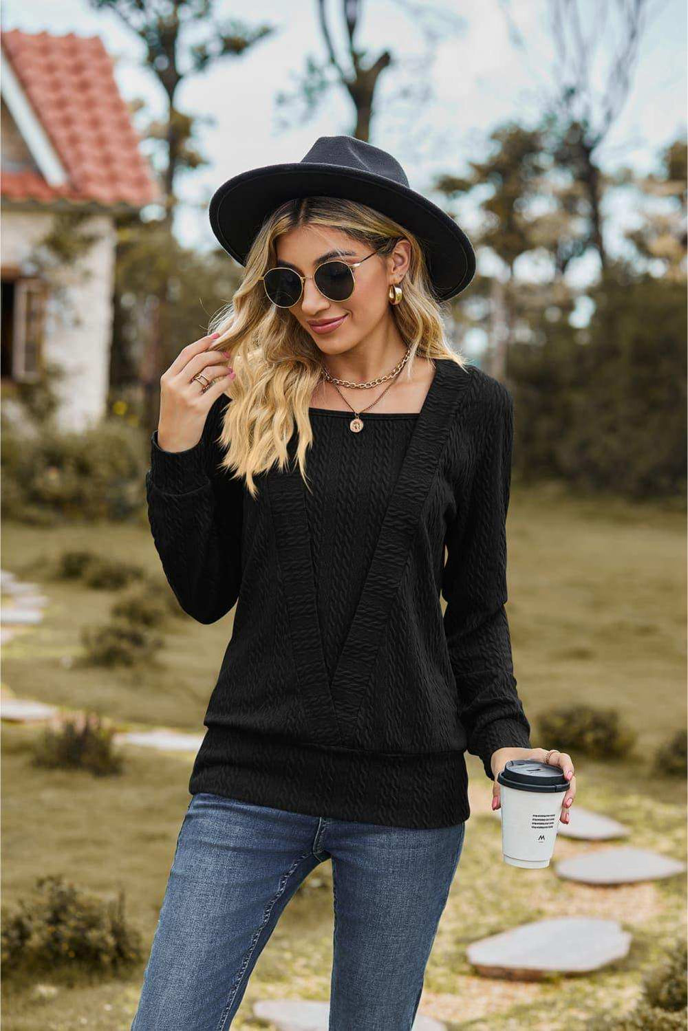 Square Neck Long Sleeve Blouse - Trendsi - Flyclothing LLC