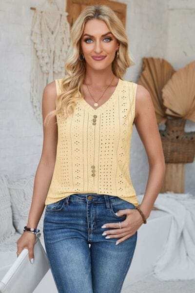 Eyelet Decorative Button V-Neck Tank - Trendsi - Flyclothing LLC
