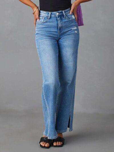 Slit Buttoned Jeans with Pockets - Trendsi - Flyclothing LLC