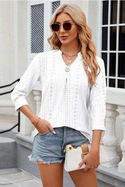 Eyelet Notched Knit Jacquard Top - Trendsi - Flyclothing LLC