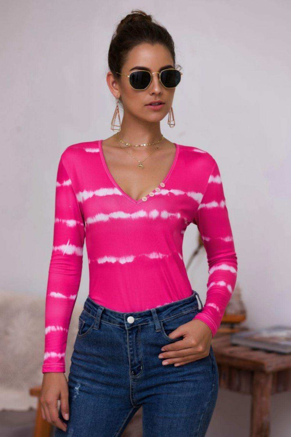Tie-Dye Plunge Long Sleeve Top - Trendsi - Flyclothing LLC
