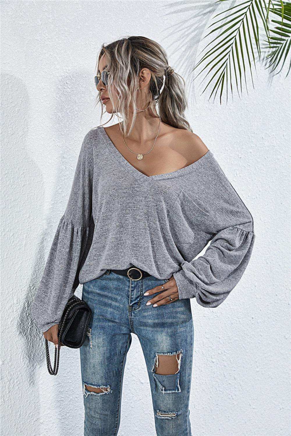 V-Neck Long Sleeve Dropped Shoulder Knit Top - Trendsi - Flyclothing LLC
