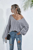 V-Neck Long Sleeve Dropped Shoulder Knit Top - Trendsi - Flyclothing LLC