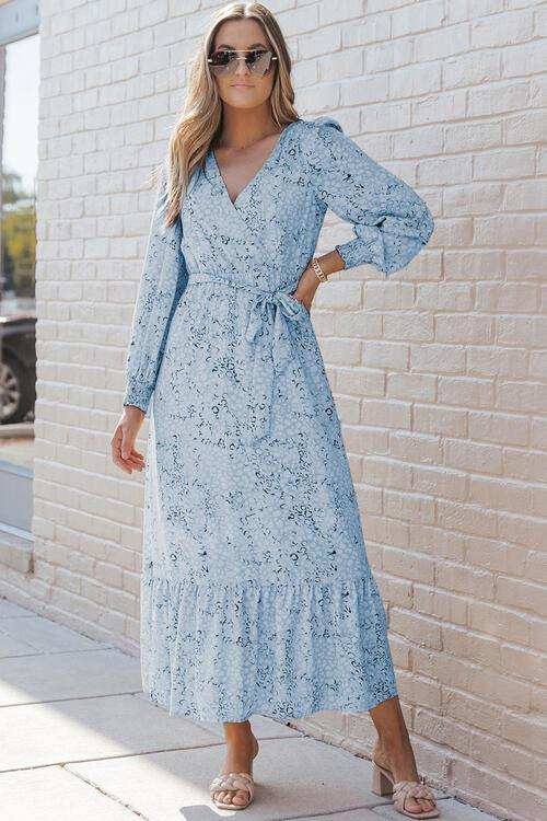 Printed Tie Front Ruffle Hem Dress - Trendsi - Flyclothing LLC