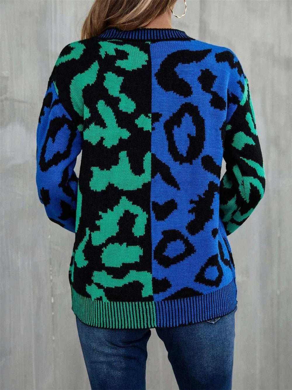 Leopard Round Neck Long Sleeve Sweater - Trendsi - Flyclothing LLC