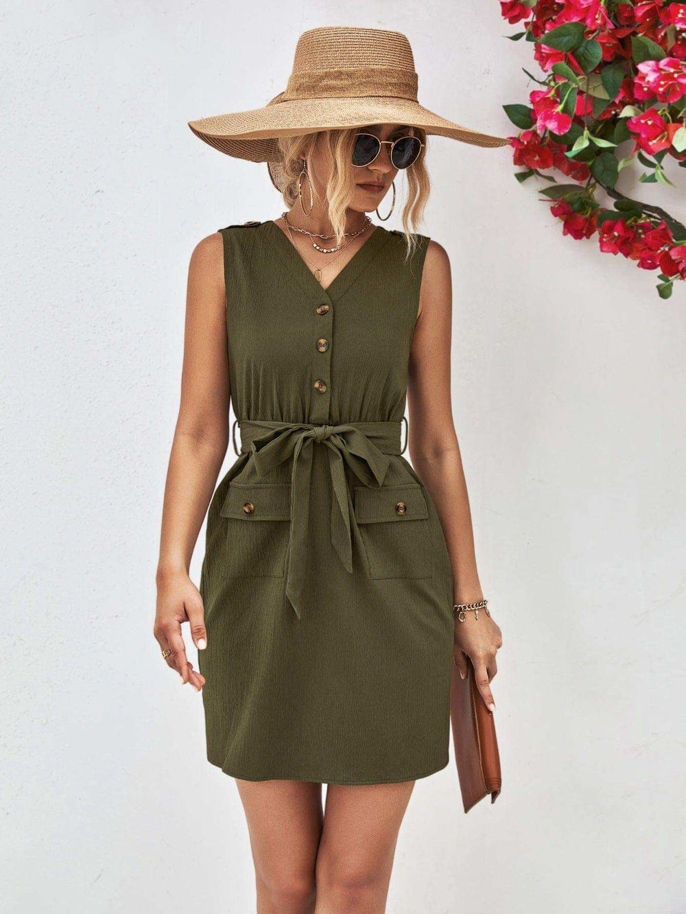 Buttoned V-Neck Belted Sleeveless Dress - Trendsi - Flyclothing LLC
