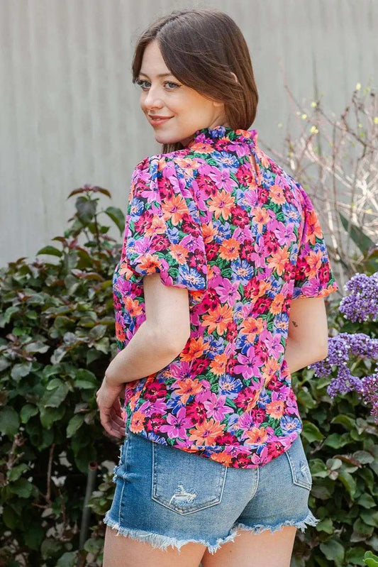 Floral Print Puff Sleeve Round Neck Blouse - Trendsi - Flyclothing LLC