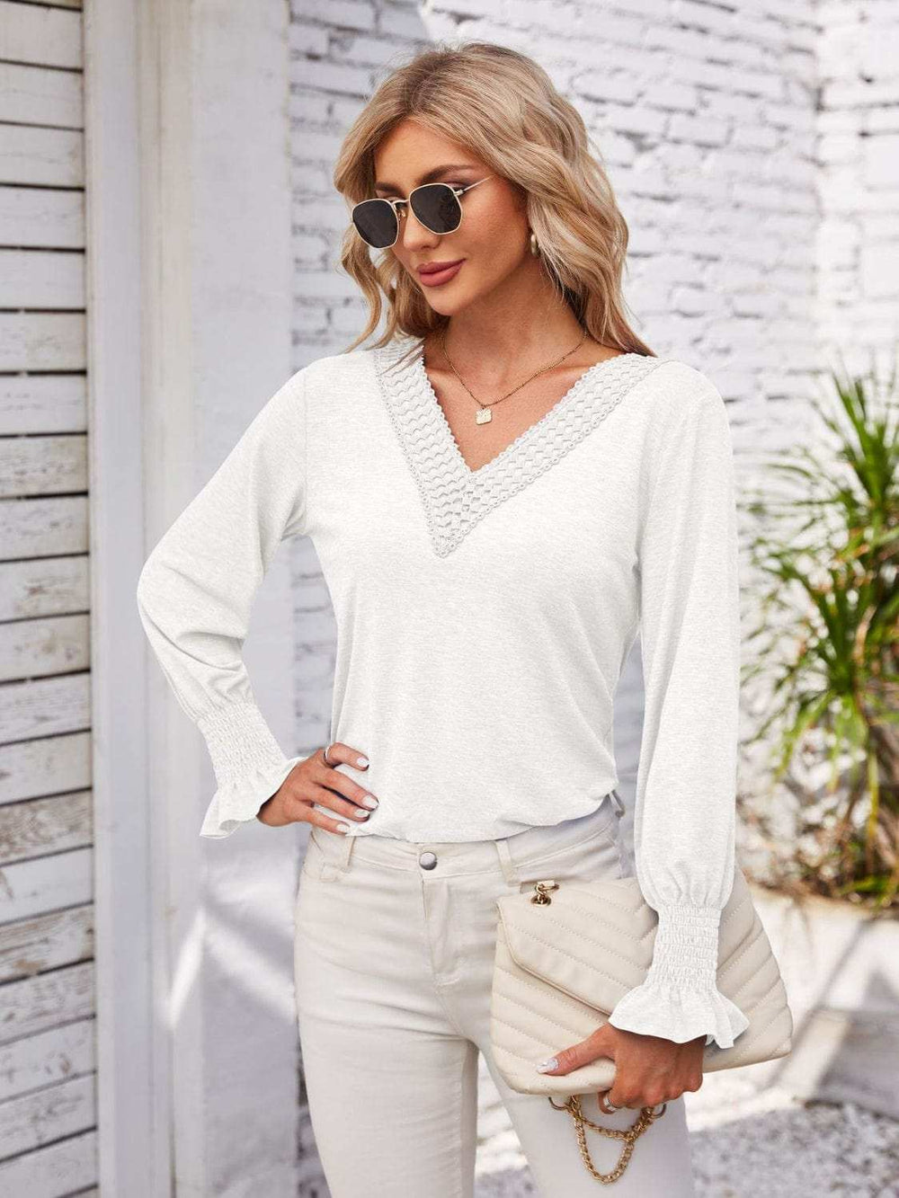Smocked V-Neck Long Sleeve Blouse - Trendsi - Flyclothing LLC