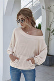 Boat Neck Waffle-knit Lantern Sleeve Blouse with Pocket - Trendsi - Flyclothing LLC