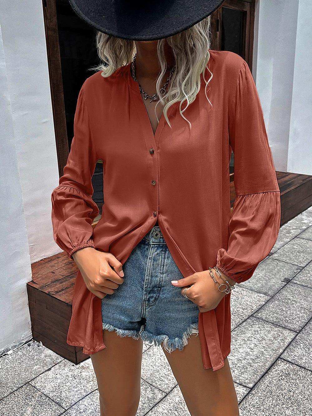 Notched Neck Balloon Sleeve Shirt - Trendsi - Flyclothing LLC