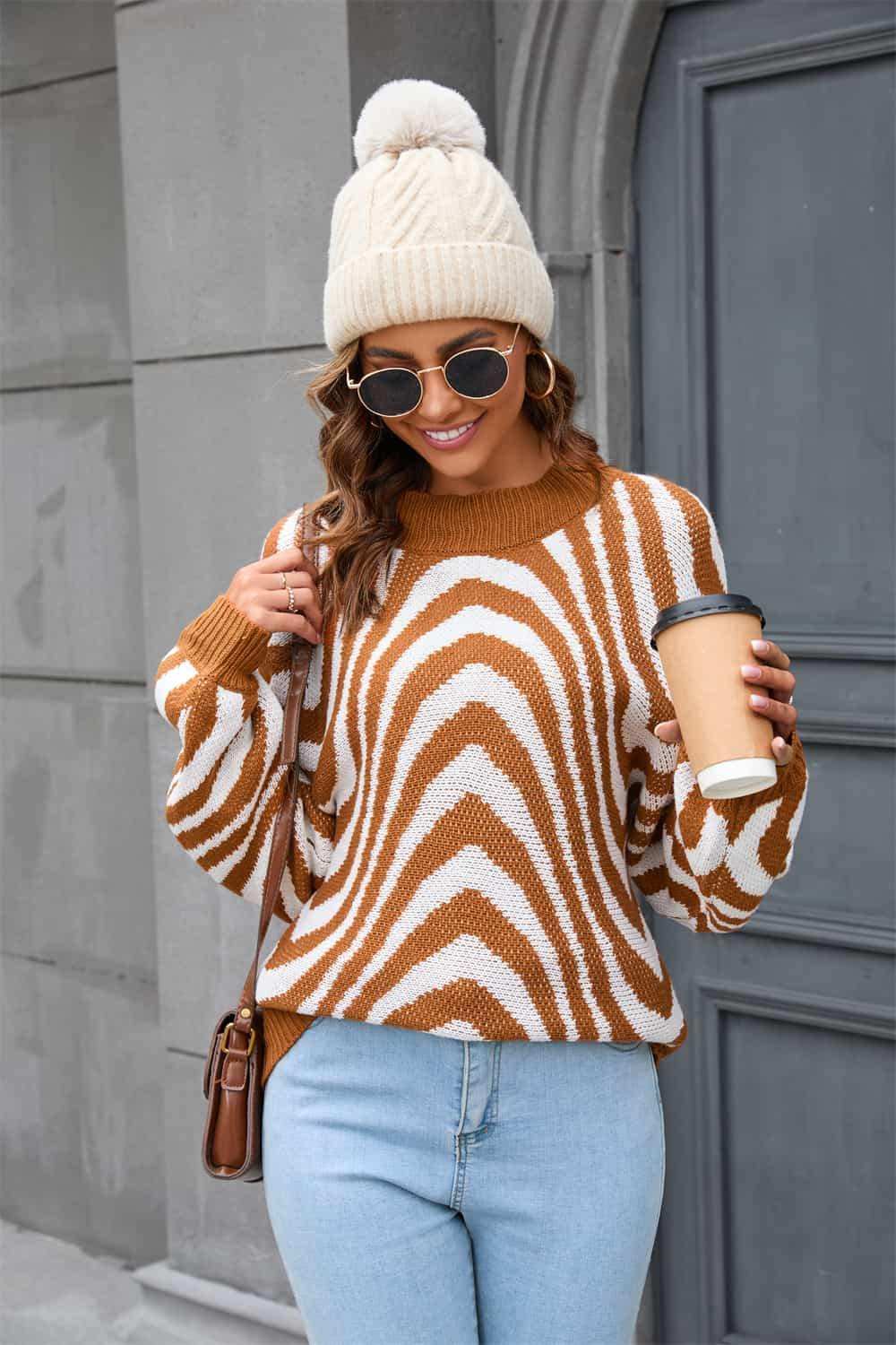 Printed Round Neck Long Sleeve Pullover Sweater - Trendsi - Flyclothing LLC