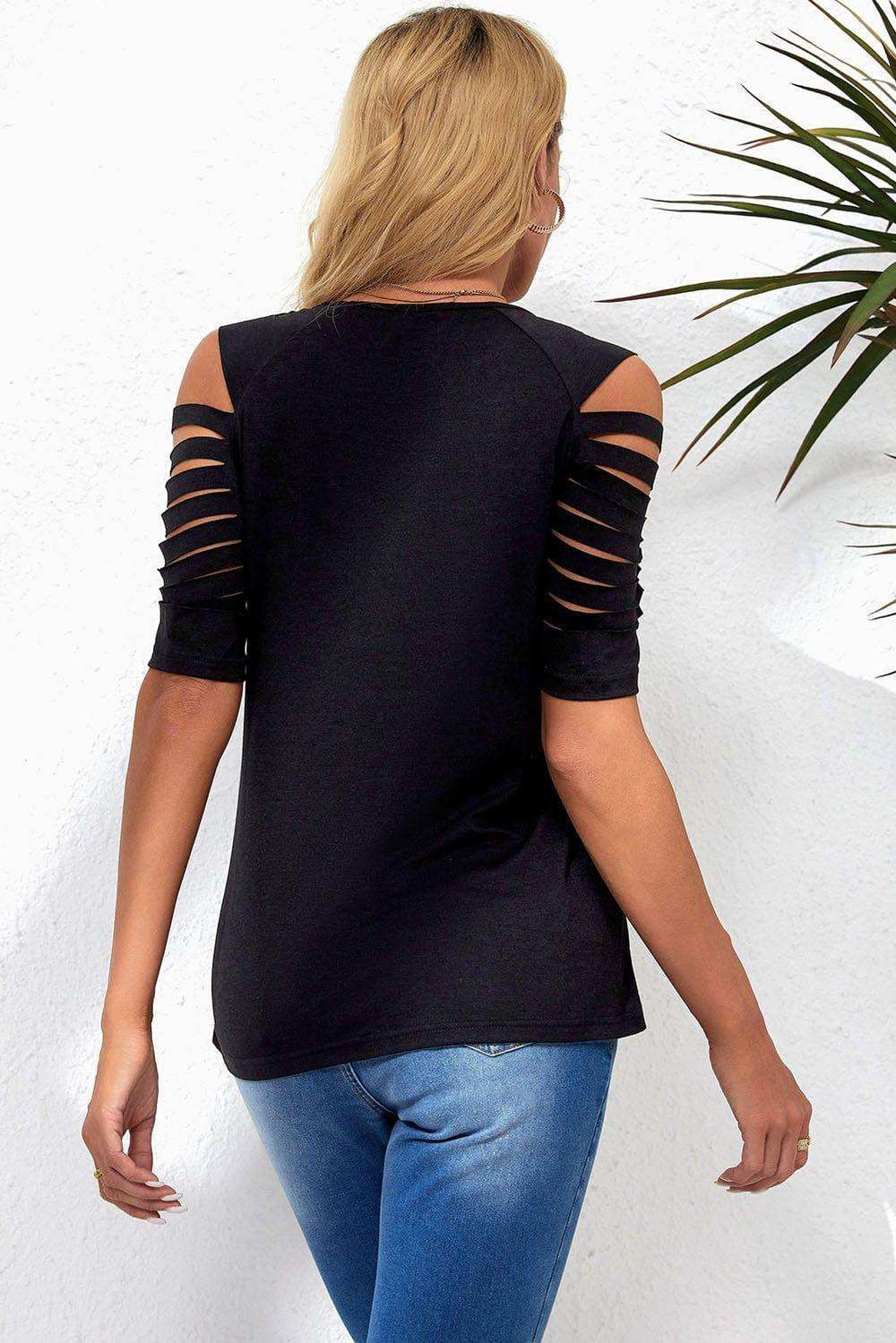 Round Neck Cutout Raglan Sleeve Tee - Trendsi - Flyclothing LLC