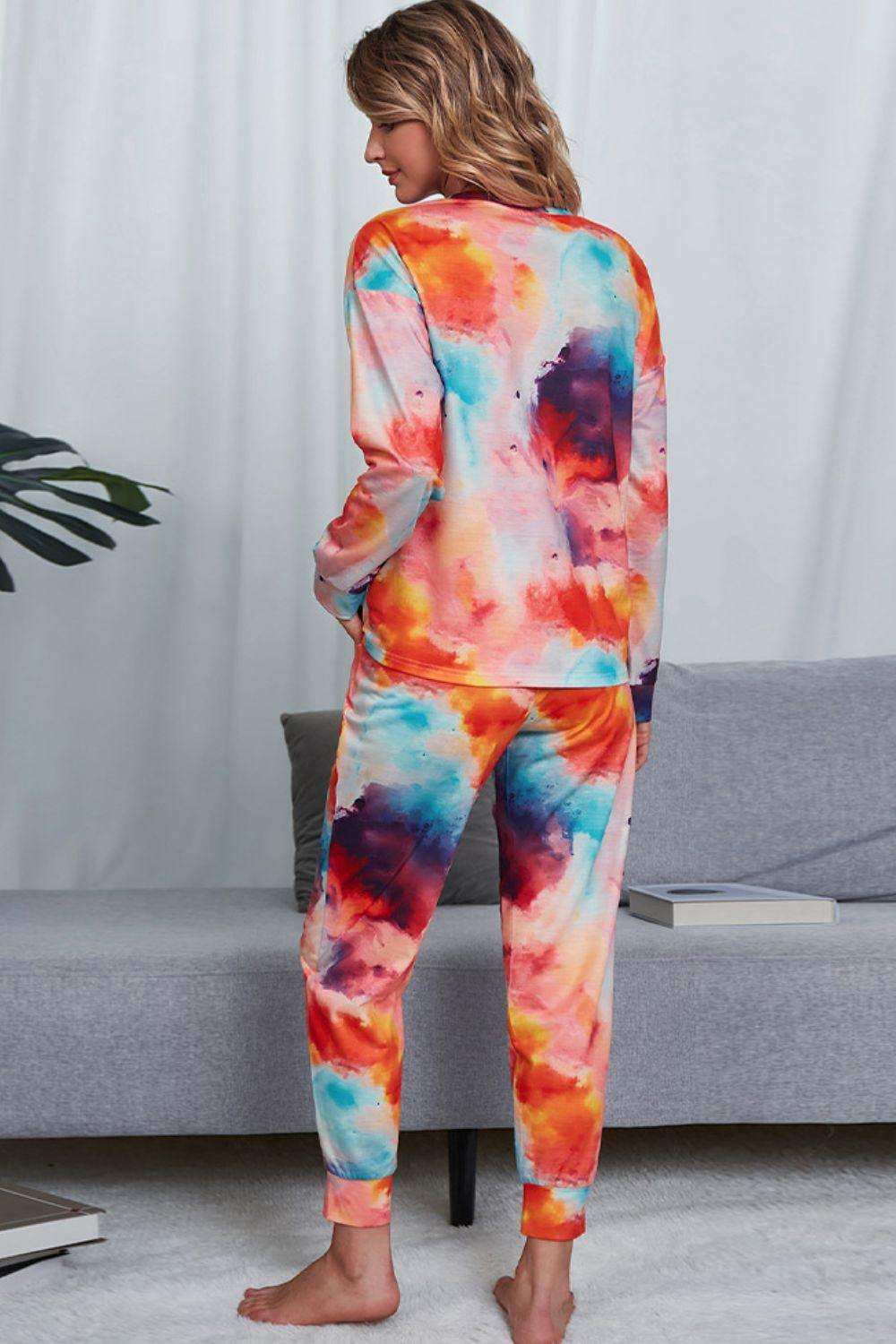 Tie-Dye Crewneck Top and Drawstring Waist Joggers Lounge Set - Trendsi - Flyclothing LLC