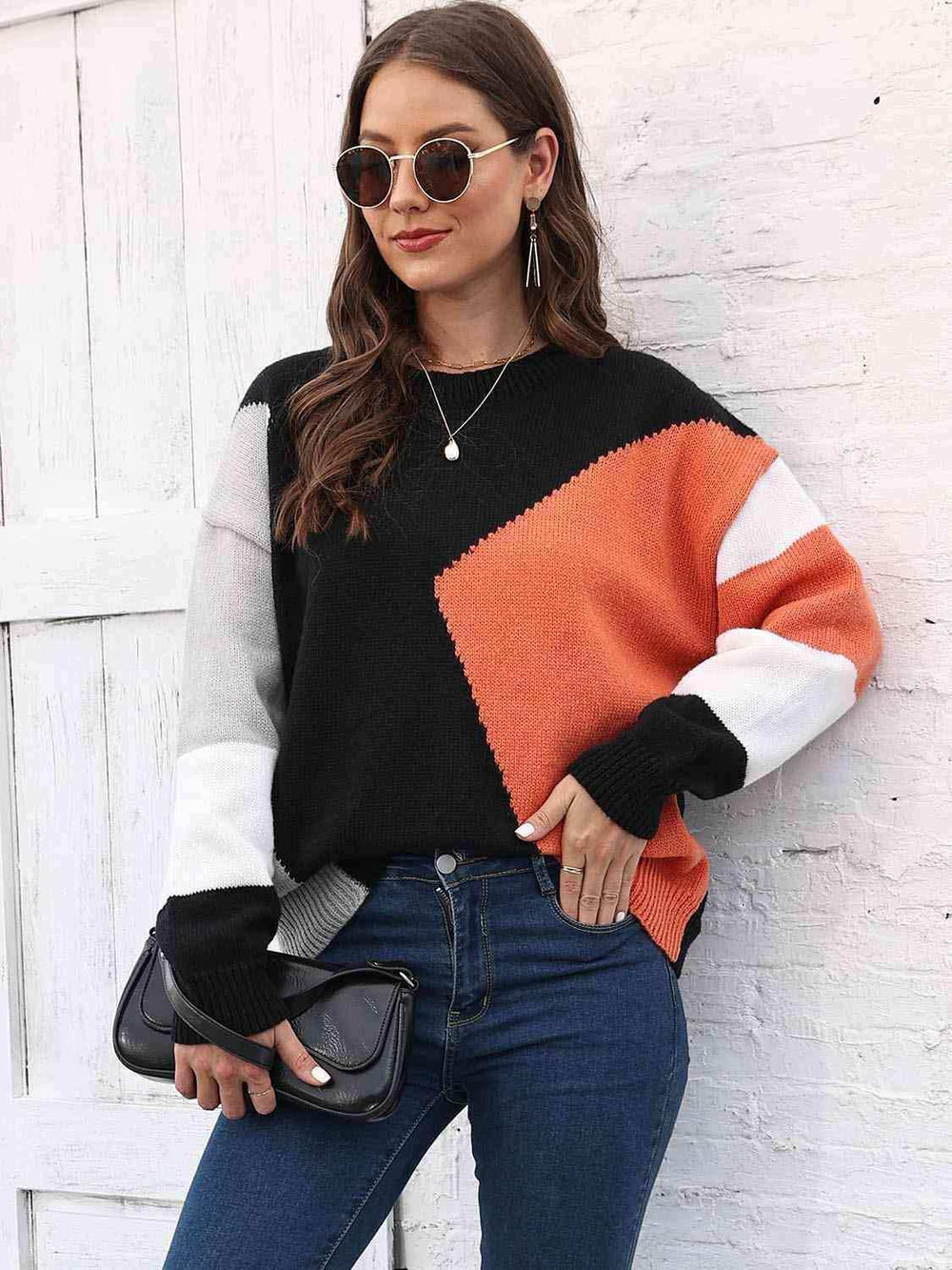 Color Block Round Neck Sweater - Trendsi - Flyclothing LLC