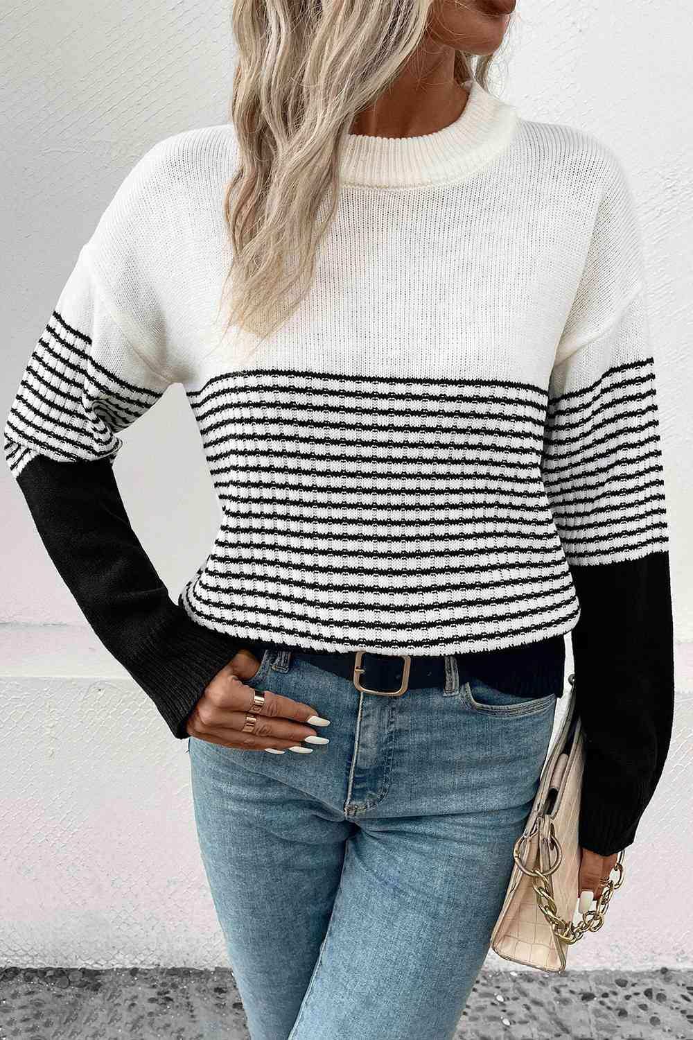 Striped Drop Shoulder Sweater - Trendsi - Flyclothing LLC