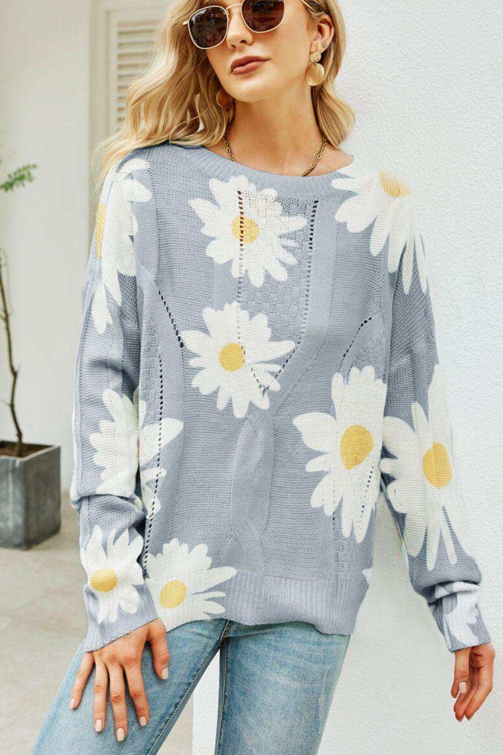 Daisy Print Openwork Round Neck Sweater - Trendsi - Flyclothing LLC