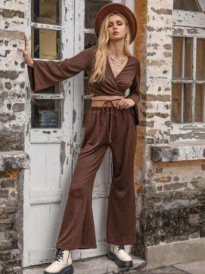Tied Flare Sleeve Top and Pants Set - Trendsi - Flyclothing LLC
