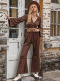 Tied Flare Sleeve Top and Pants Set - Trendsi - Flyclothing LLC