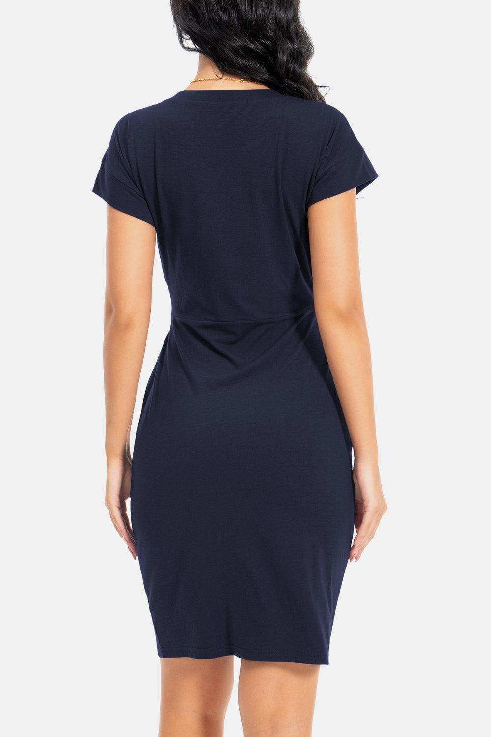 Tie Front Round Neck Short Sleeve Dress - Trendsi - Flyclothing LLC