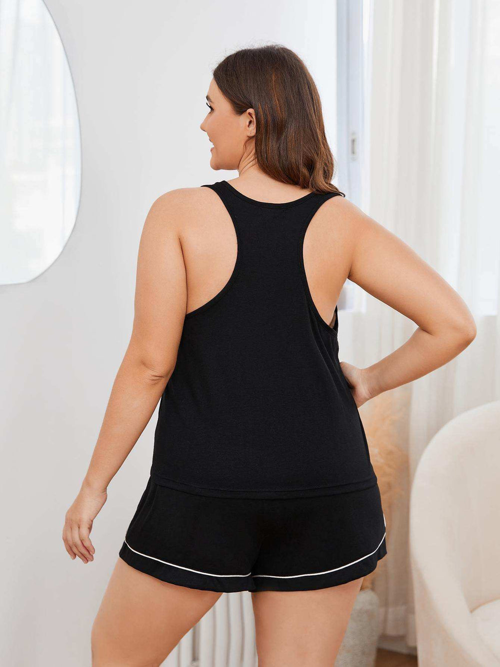 Plus Size Contrast Piping Racerback Tank and Shorts Lounge Set - Trendsi - Flyclothing LLC