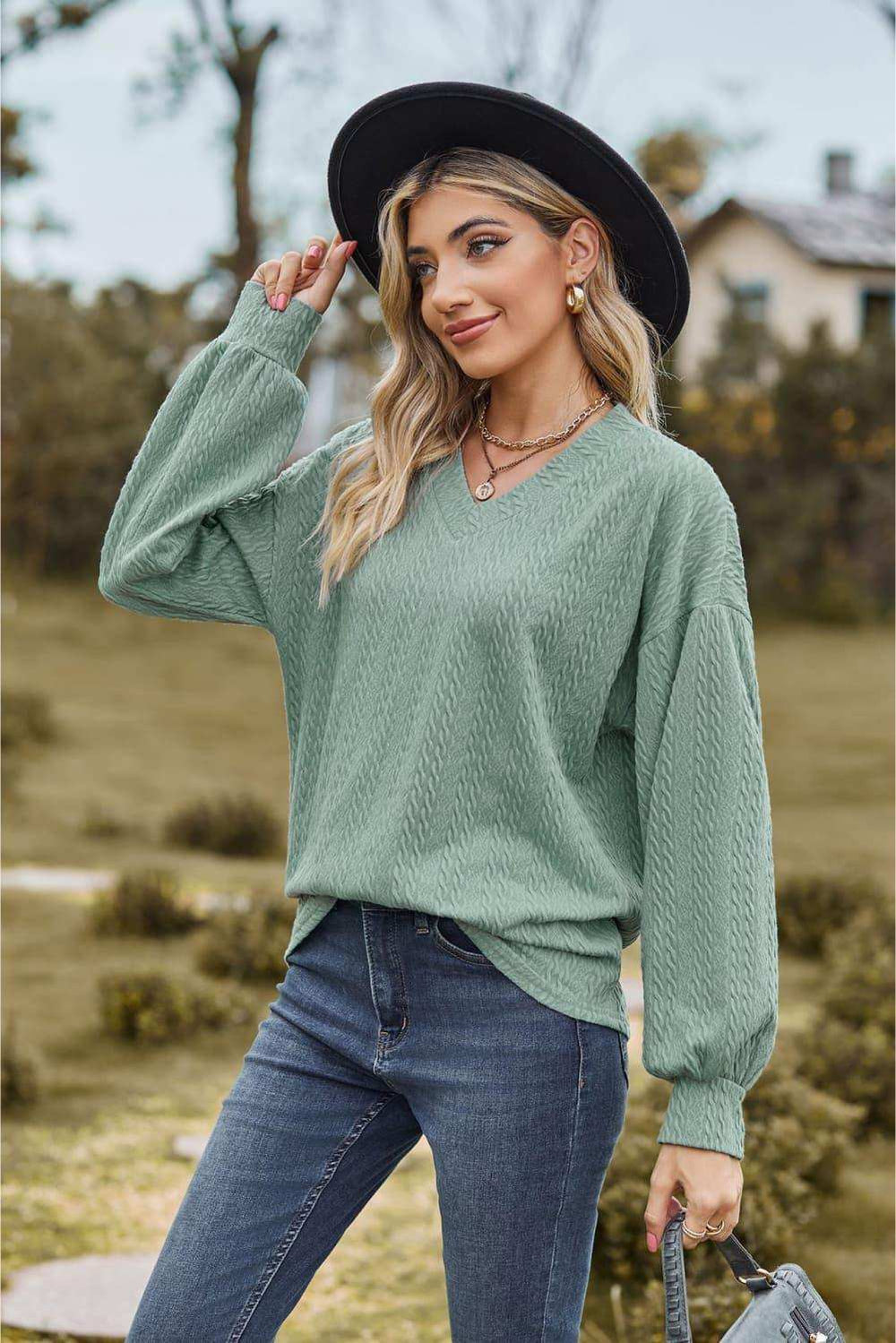 V-Neck Dropped Shoulder Blouse - Trendsi - Flyclothing LLC