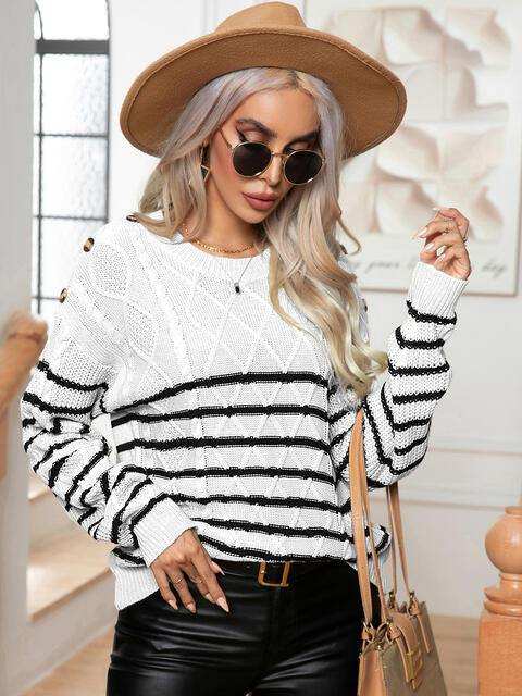 Striped Round Neck Cable-Knit Sweater - Trendsi - Flyclothing LLC