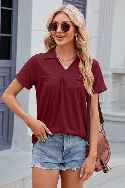 Ruched Johnny Collar Short Sleeve Blouse - Trendsi - Flyclothing LLC